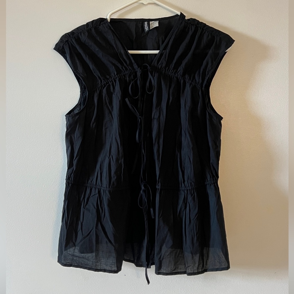 Ruched Tie-Front Black Sleeveless Top